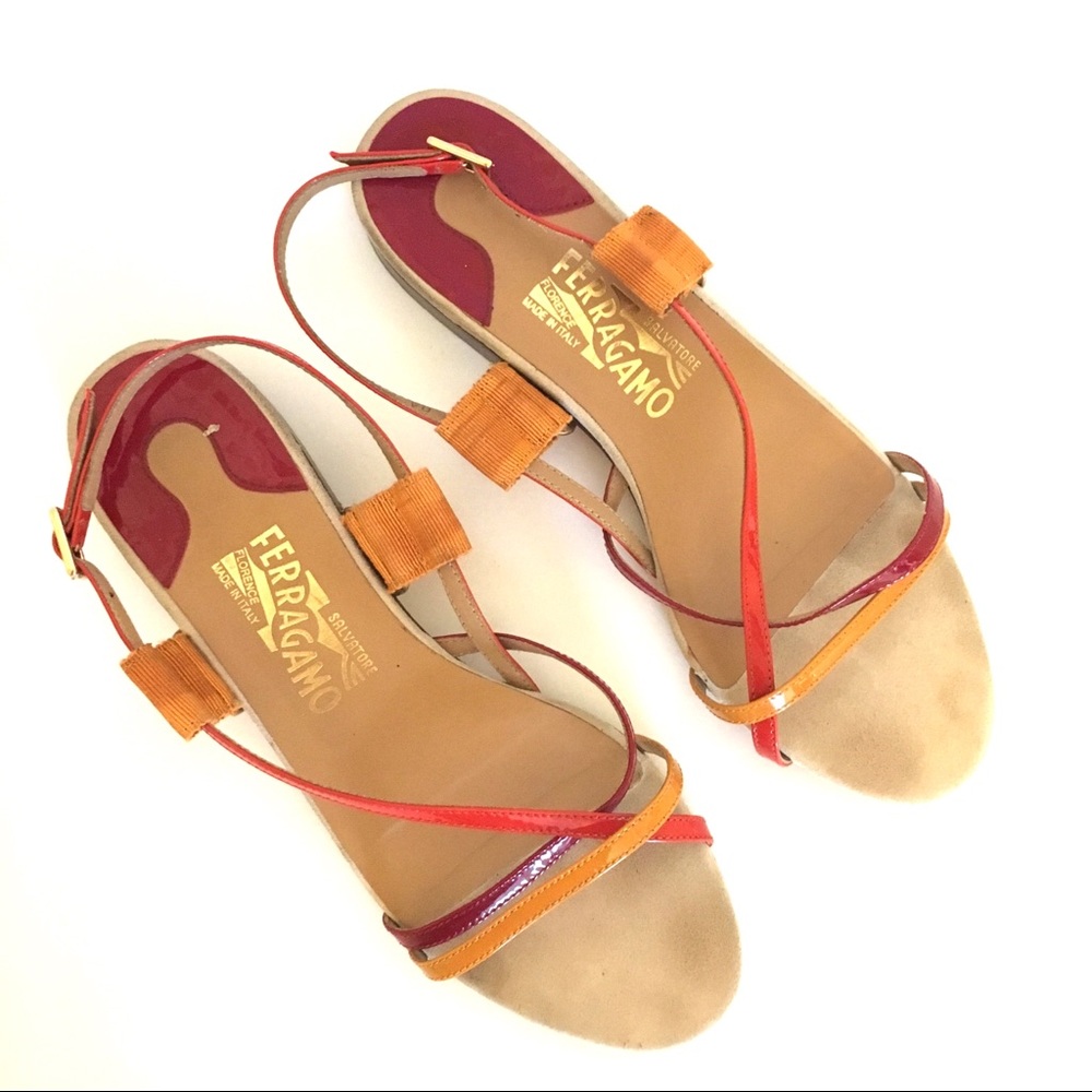 Ferragamo Red Orange Gold Strap Sandals 6.5